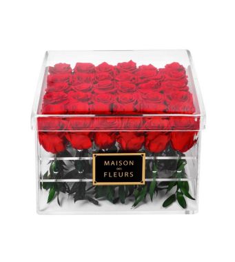 36 Long Life Red Roses in a Clear Acrylic Square box 30x30cm