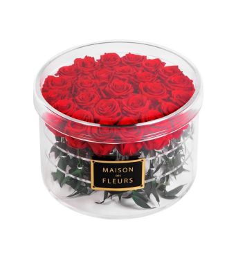 25 long life Red roses in a 30 cm round acrylic box