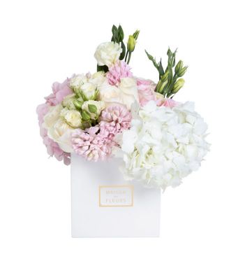 White and Pink Hydrangeas with Mixed Fresh Flowers in a 15 cm White Square Box