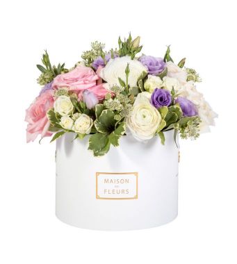 White Ranunculus with Pink and Purple Mixed Fresh Flowers in a 20x15cm White Round Box