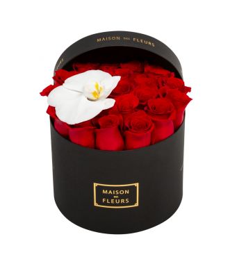 Red Roses and White Orchid Bloom in 20x15cm Black MDF Box