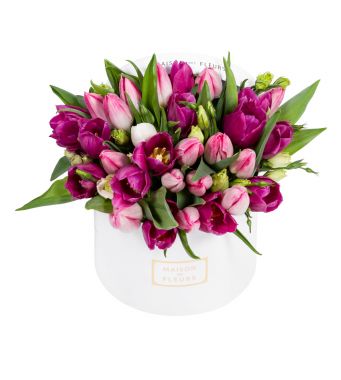 Pink and Purple Tulips in 20x15cm White Round MDF Box