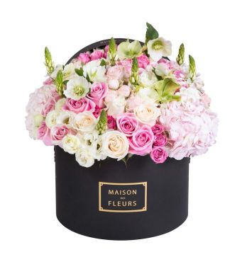 Pink and Cream roses with mixed fresh flowers arrangement in a 30x20cm black round box