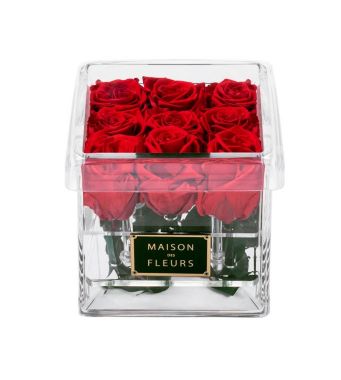9 long life roses in a 15 cm square acrylic box