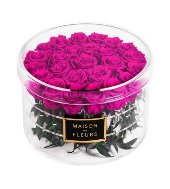 25 Long Life Fuschia Roses in a Clear Acrylic Round box 30x20cm