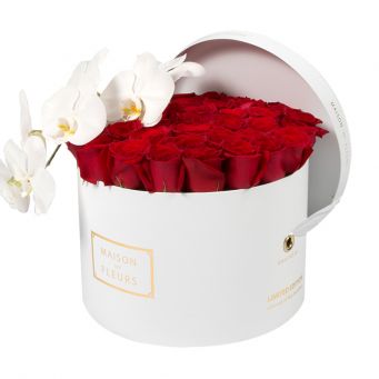 Red Roses with White Orchid Stem in White Round Box