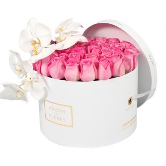 Pink Roses with White Orchid Stem in White Round Box