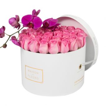 Pink Roses with Purple Orchid Stem in White Round Box