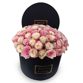 Fresh Flowers Light Pink and White/Pink Roses in Black Round Box