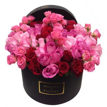 Red and Pink Roses in Black Round Box
