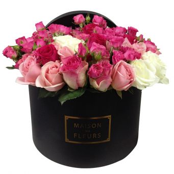 Red Pink and White Roses in Black Round Box
