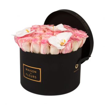 Baby Pink Roses with White Orchid Bloom in Black Round Box