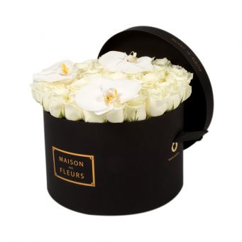 White Roses with White Orchid Bloom in Black Round Box