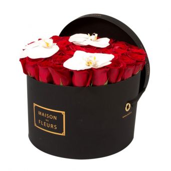 Red Roses with White Orchid Bloom in Black Round Box