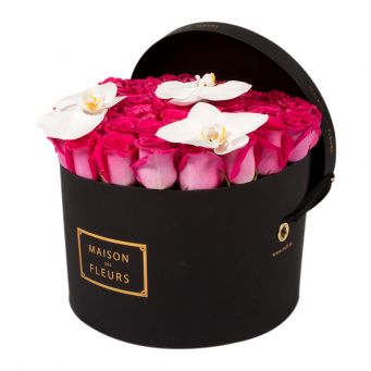 Fuchsia Roses with White Orchid Bloom in Black Round Box