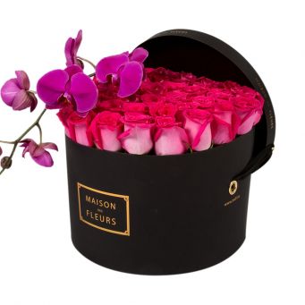 Pink Roses with Purple Orchid Stem in Black Round Box