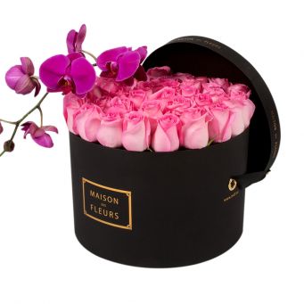 Baby Pink Roses with Purple Orchid Stem in Black Round Box