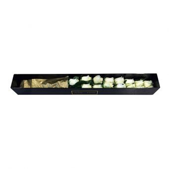 15 White Roses in Black Small Rectangular Box