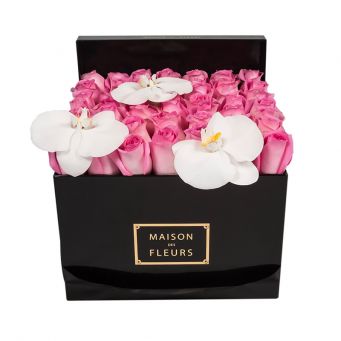3 White Orchid Blooms and Pink Roses in Black Square box