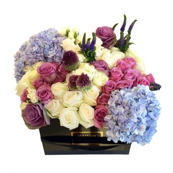 Mixed White, Purple and Blue Flowers in Black Square Box