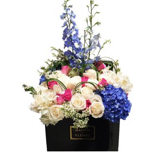 White, Pink and Blue Mixed Flowers in Black Square Box
