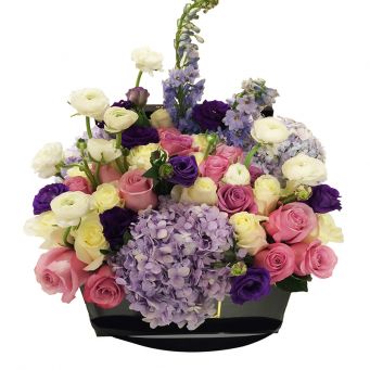 Mixed White, Pink and Purple Bouquet in Black Square Box