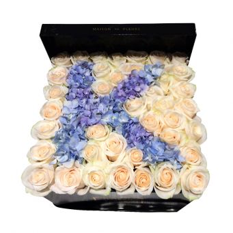 Cream Roses and Blue Letter Flowers in Black Square Box