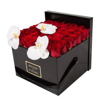 3 White Orchid Blooms and Red Roses in Black Square box