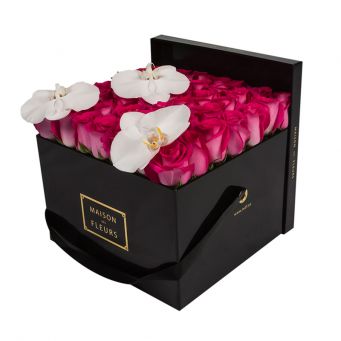 3 White Orchid Blooms and Fuchsia Roses in Black Square box