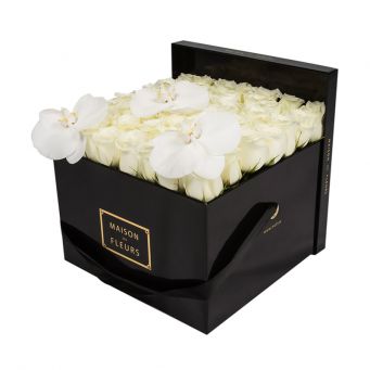 3 White Orchid Blooms and White Roses in Black Square box