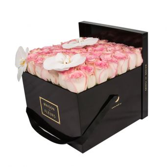 3 White Orchid Blooms and Baby Pink Roses in Black Square box