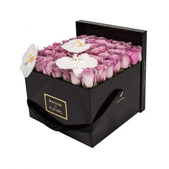 3 White Orchid Blooms and Purple Roses in Black Square box