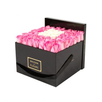 Pink Roses in Black Square Box with 9 Cream Roses