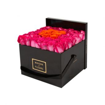 Fuchsia Roses in Black Square Box with 9 Orange Roses