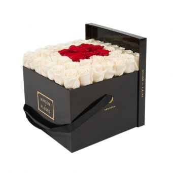 Cream Roses in Black Square Box with 9 Red Roses