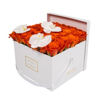 3 White Orchid Blooms and Orange Roses in White Square box