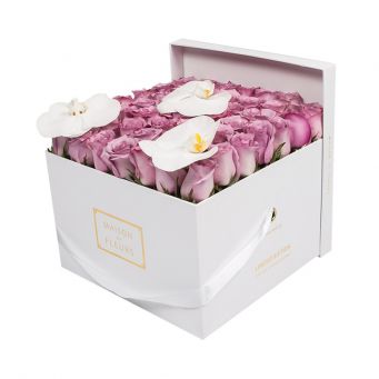 3 White Orchid Blooms and Purple Roses in White Square box
