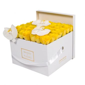 3 White Orchid Blooms and Yellow Roses in White Square box