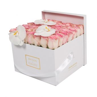 3 White Orchid Blooms and Baby Pink Roses in White Square box
