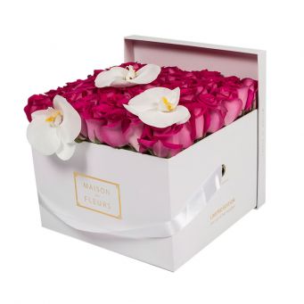 3 White Orchid Blooms and Fuchsia Roses in White Square box