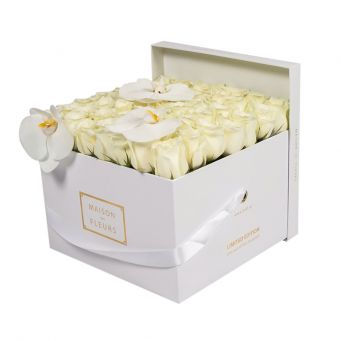 3 White Orchid Blooms and White Roses in White Square box