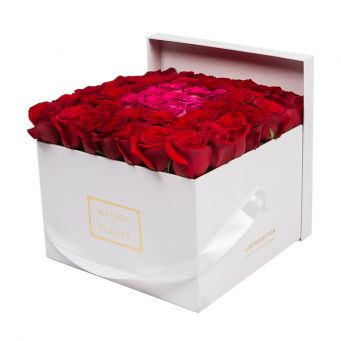 Red Roses in White Square Box with 9 Pink Roses