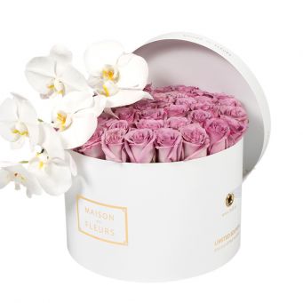 Purple Roses with White Orchid Stem in White Round Box