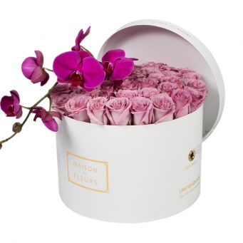 Purple Roses with Purple Orchid Stem in White Round Box