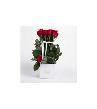 15 red roses in a 15 cm square white box