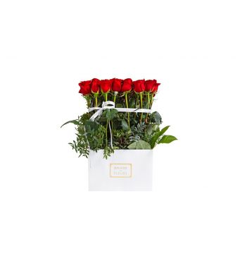 49 red roses in a 30 cm square box 