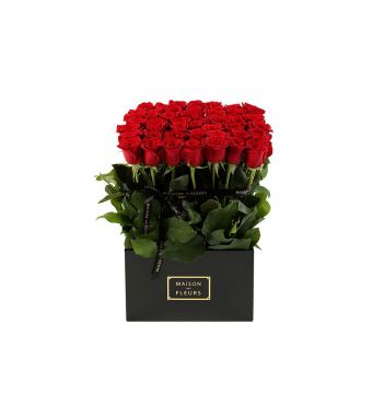 49 red roses in a 30 cm square box