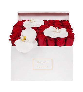 Red Roses With 3 White Orchid Blooms In A 30 cm White Square Box