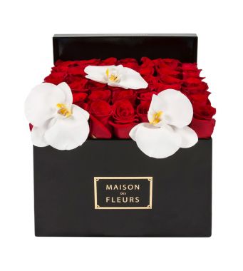 Red Roses With 3 White Orchid Blooms In A 30 cm Black Square Box