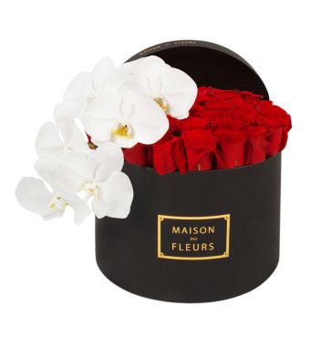 Red Roses With A White Orchid Stem In A 30 cm Black Round Box